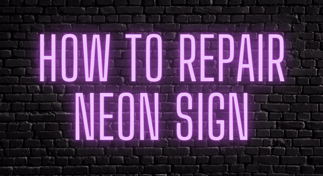 A neon sign displaying the text "how to repair neon sign" against a brick wall background.