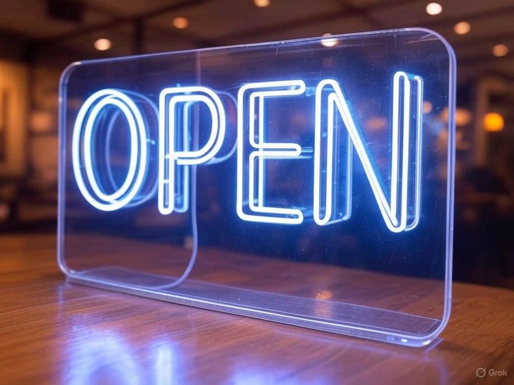 A blue neon sign displaying the word "OPEN" is lit up and placed on a wooden surface in a dimly lit room.