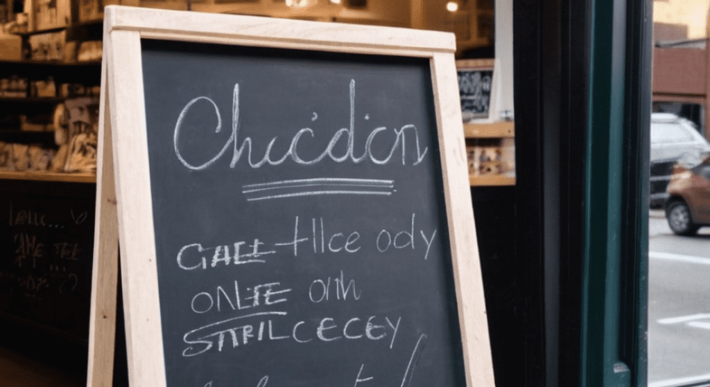 A chalkboard outside a café displays a menu and the word "Chicken" written at the top, but many of the letters in other words are missing. Some indoor lights and a parked car are visible in the background.
