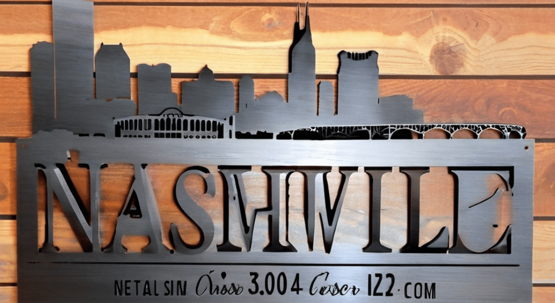 Metal sign with the word "Nashville" in large cutout letters, featuring a skyline including notable buildings and a bridge. Text below reads "Metal sin áreas 3.004," followed by additional text.