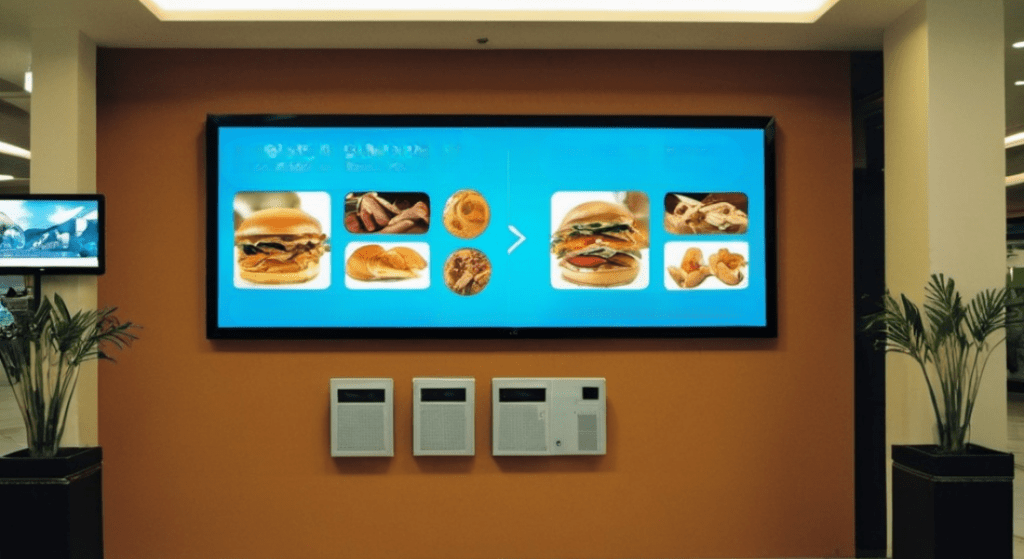 A wall-mounted digital screen displays images of various fast food items, including burgers, sandwiches, fried chicken, and sides, with a bright blue background. Below the screen are three ventilation units.