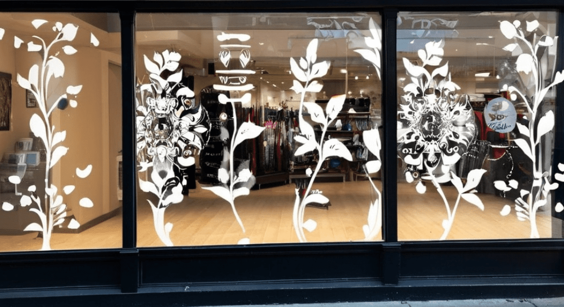 Storefront window with white floral designs and a display of various clothing items inside.