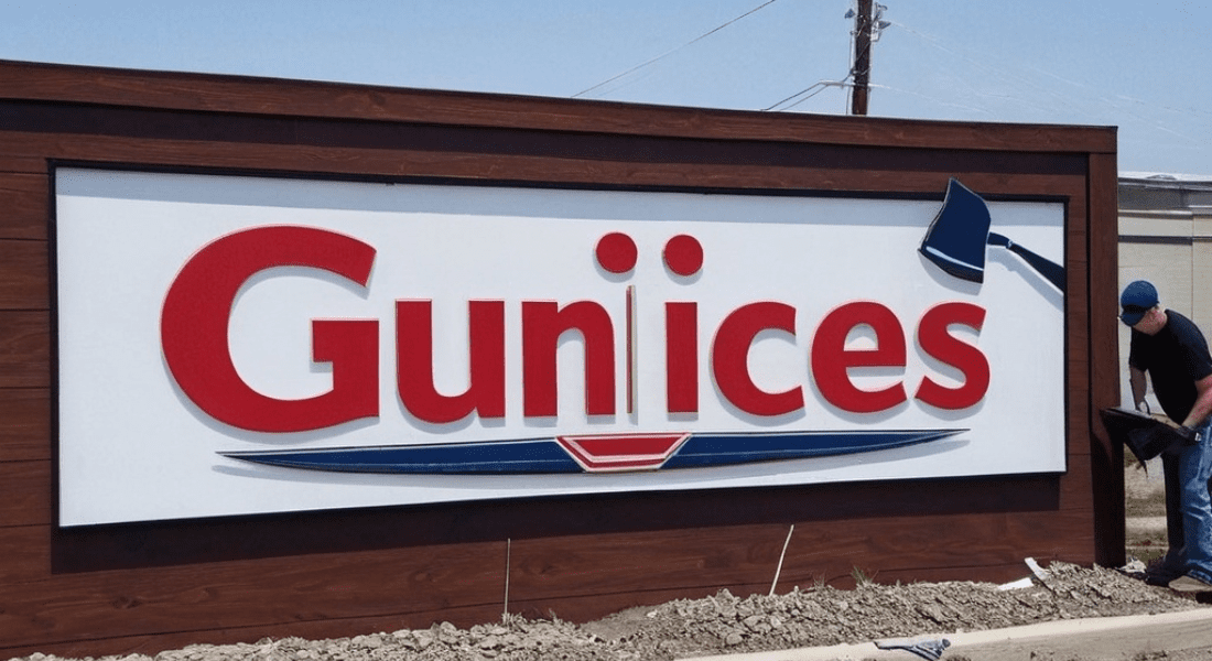 A large outdoor sign displays the word "Gunices" with a large ice scraper illustration removing the word "ices" while a person works near the bottom right corner of the board. Cost to install business signs.