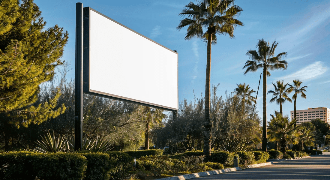 A large, blank billboard stands amidst palm trees and bushes on a sunny day, with a building visible in the background. Commercial Sign