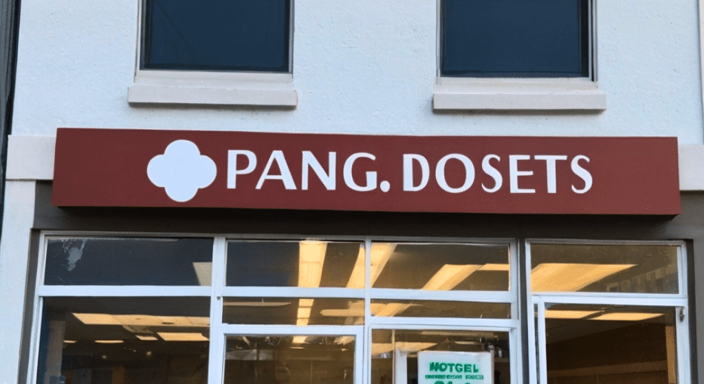 Storefront with a red and white sign reading "PANG.DOSETS" beneath two windows. The store appears to be closed, with lights on inside. .