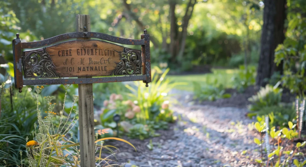 Wooden signpost in a garden with the text "Chez Ginette et Guy, ici c'est le paradis, joli natalie" in French. The garden features a gravel pathway, various plants, and soft sunlight. Custom Cut Sign