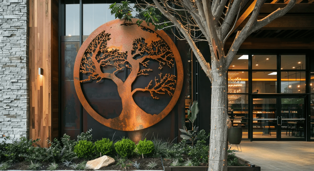 A large, rust-colored metal tree sculpture is mounted on a wall outside a building. The surrounding area features small plants and a large tree in the foreground.