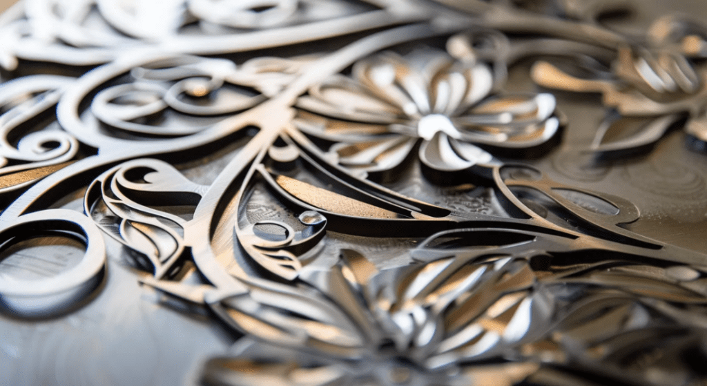 Close-up of an intricate metallic art piece featuring floral and swirl patterns with a polished, reflective surface.