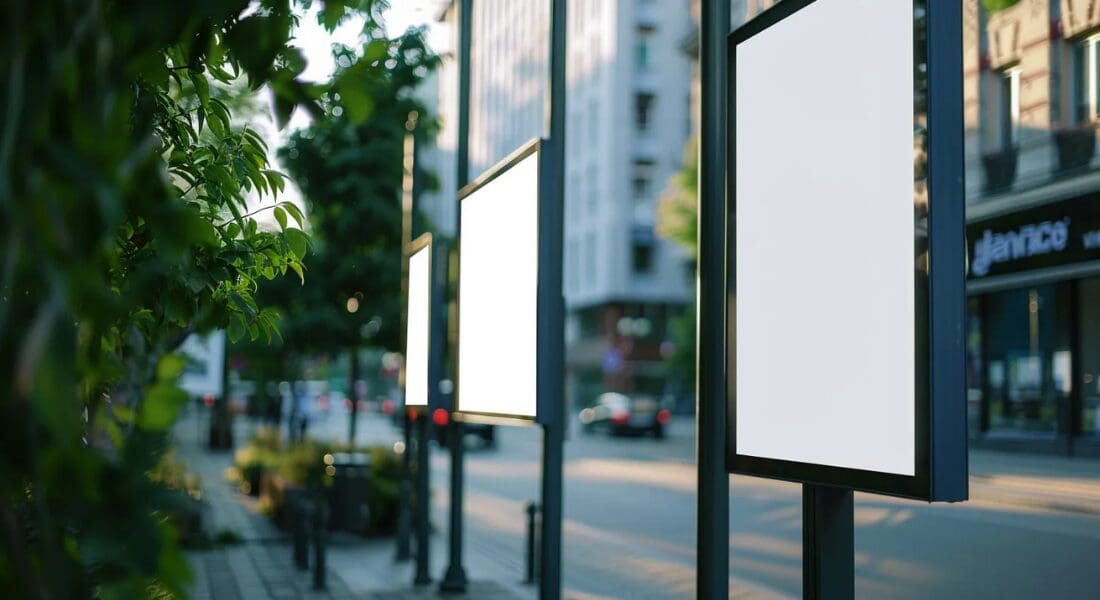 Multiple blank billboards stand along a tree-lined urban street with buildings and blurred cars in the background.