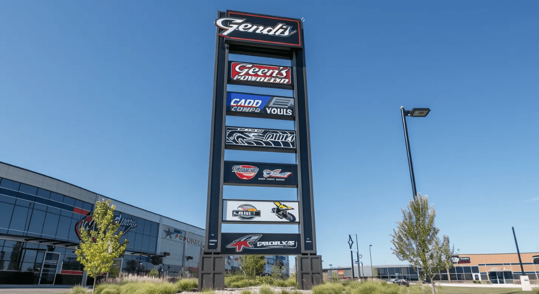 A tall sign with multiple business logos, including "Gendil" and "Geen's Powersport", stands outside a modern commercial building on a clear, sunny day.