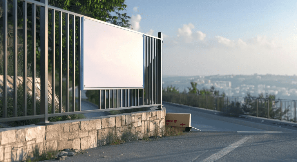 Empty billboard on a fence by a roadside with a cardboard box nearby, overlooking a distant cityscape under a clear sky. how much do banner sign cost. 