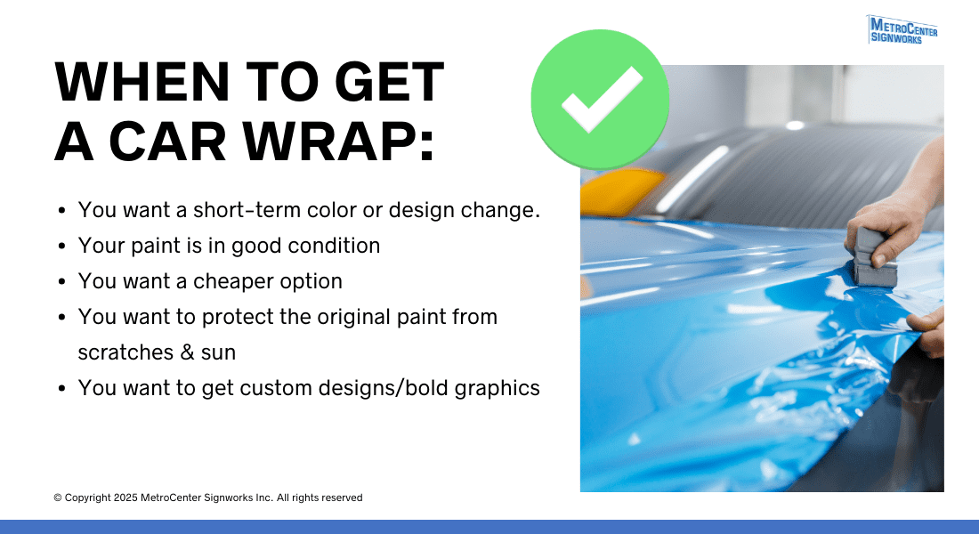Informational graphic about car wraps with a checklist and image of a person applying a blue wrap to a car.