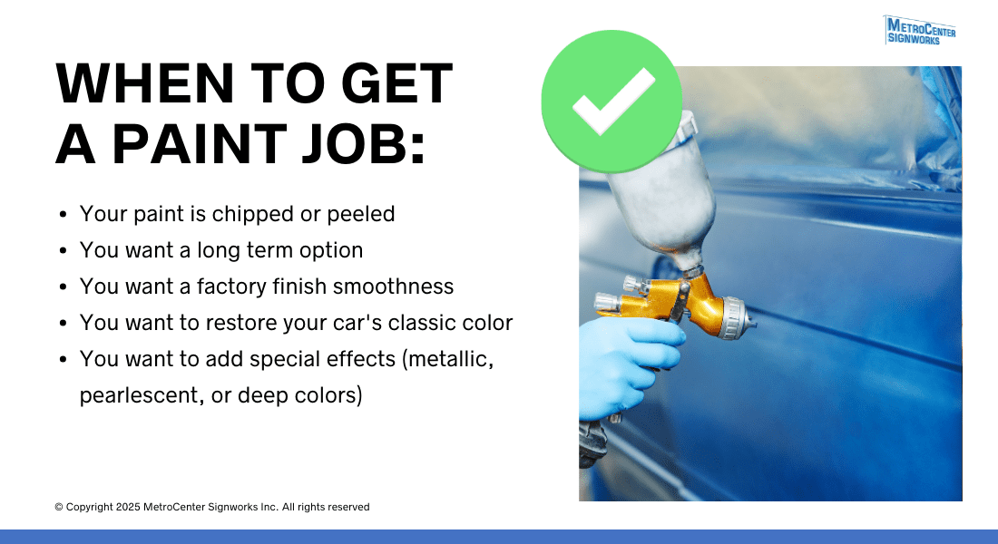 Person spray-painting a car in a workshop. Text lists reasons for getting a paint job: chipped paint, long-term option, smoothness, restore classic color, add effects like metallic or pearlescent.