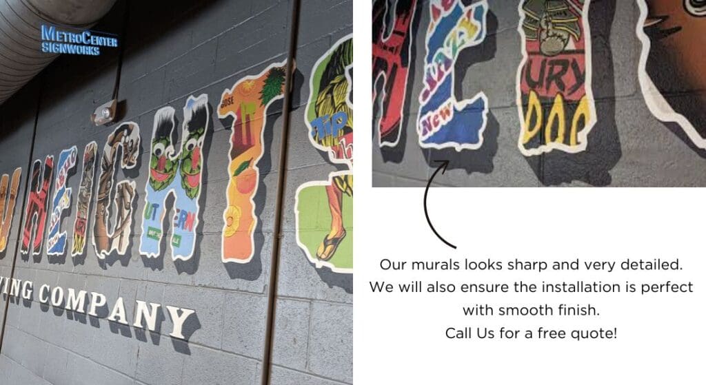 Colorful mural on a wall with detailed images and text. Speech bubble reads, "Our murals look sharp and very detailed. Call us for a free quote!.