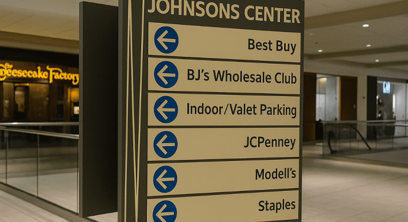A directional sign in a mall shows arrows pointing left to Best Buy, BJ’s Wholesale Club, Indoor/Valet Parking, JCPenney, Modell’s, and Staples. The Cheesecake Factory is in the background.