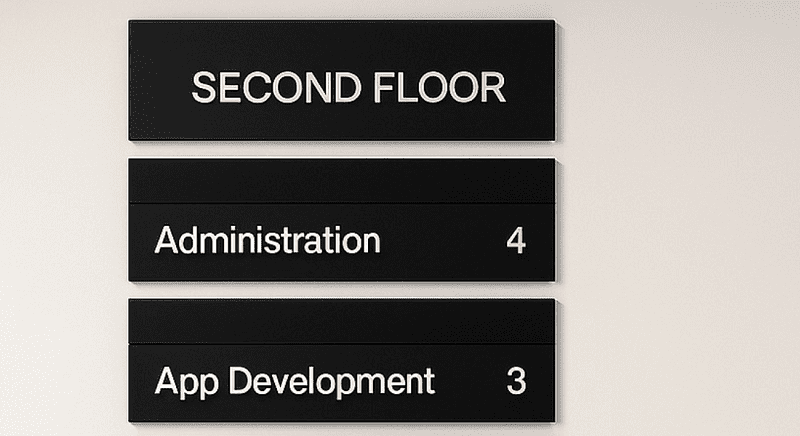 Three black signs on a wall read: "SECOND FLOOR," "Administration 4," and "App Development 3.
