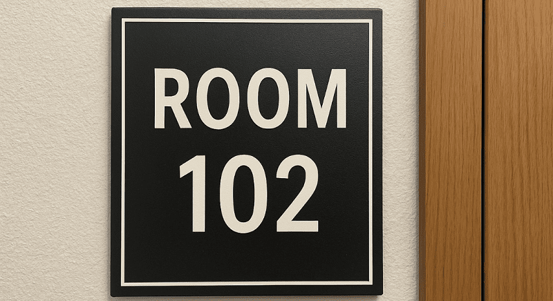 A black sign with white text reads "ROOM 102" and is mounted on a wall next to a wooden door frame.