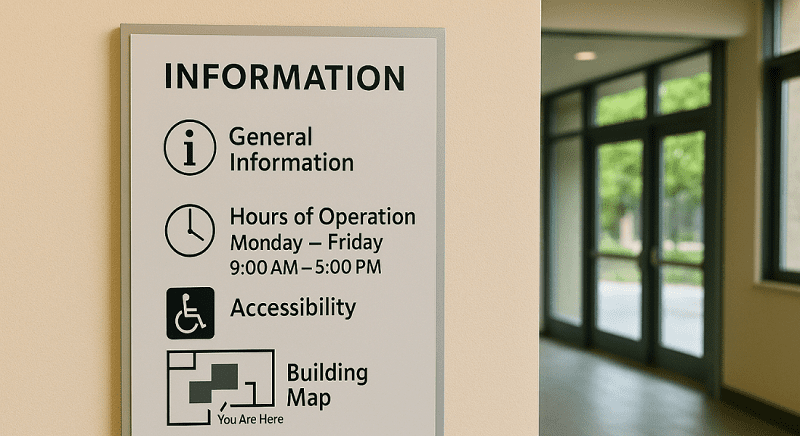 A sign in a building lobby displays general information, hours of operation, accessibility details, and a building map.