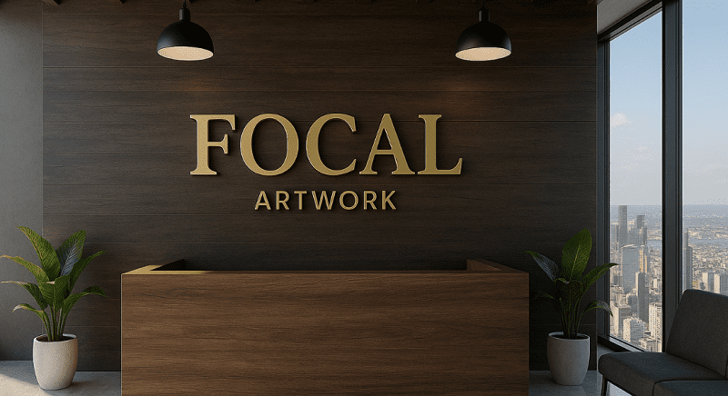 Reception area with a wooden desk, two potted plants, and a wall sign reading "FOCAL ARTWORK" in gold letters, with city buildings visible through large windows.