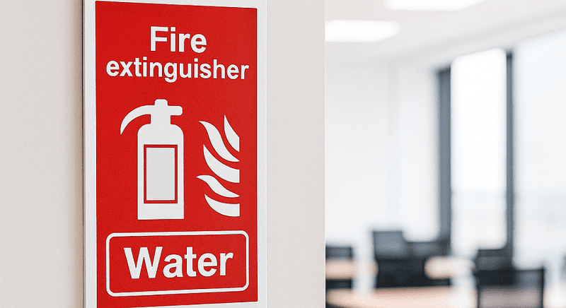 Red and white sign on an office wall indicating the location of a water fire extinguisher.
