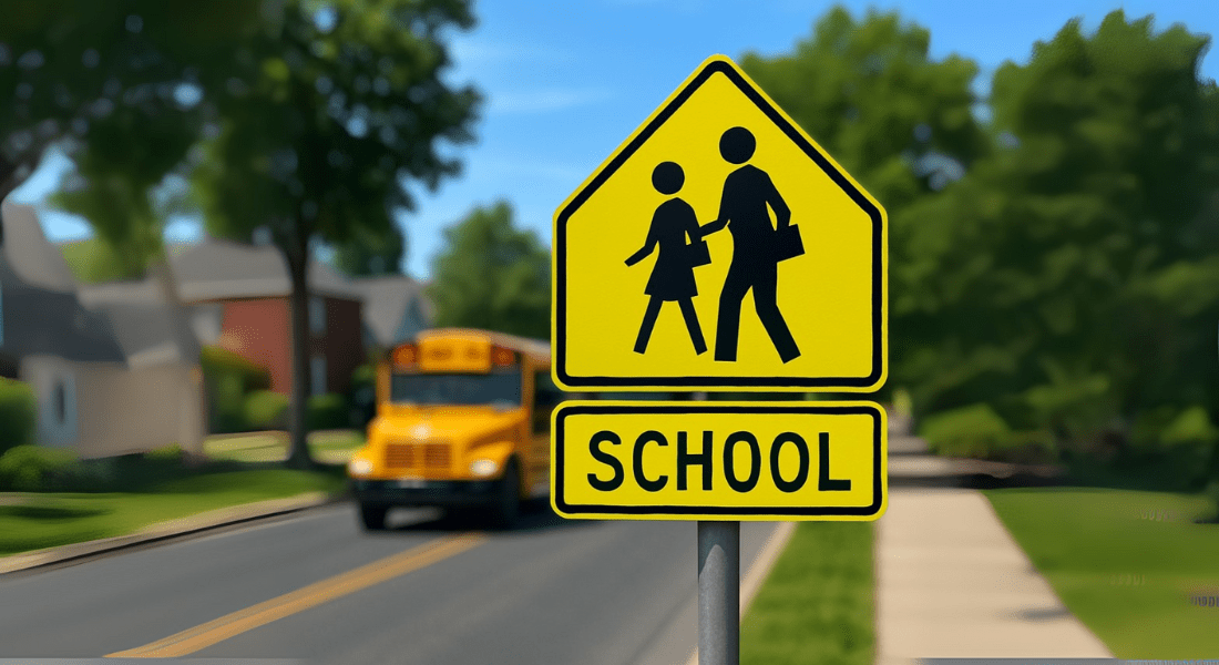 A yellow school zone sign with silhouettes of two children stands by a street; a school bus is approaching in the background.