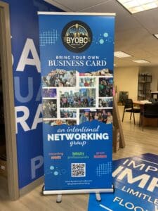 A promotional banner for BYOBC networking group displays event photos, key features like recurring events and industry professionals, with a QR code and contact information at the bottom.