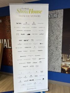 A vertical banner displays the "Flower Show House Thank You Sponsors" header and a list of sponsor logos in black on a white background. The website flowermag.com appears at the bottom.