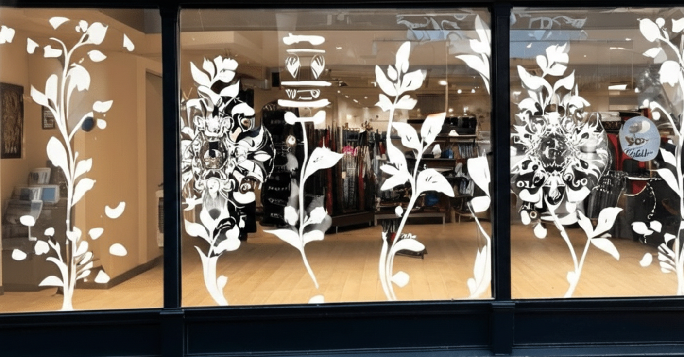 A clothing store window features large white floral decals, allowing a view of racks of clothing and a mannequin inside the well-lit shop.