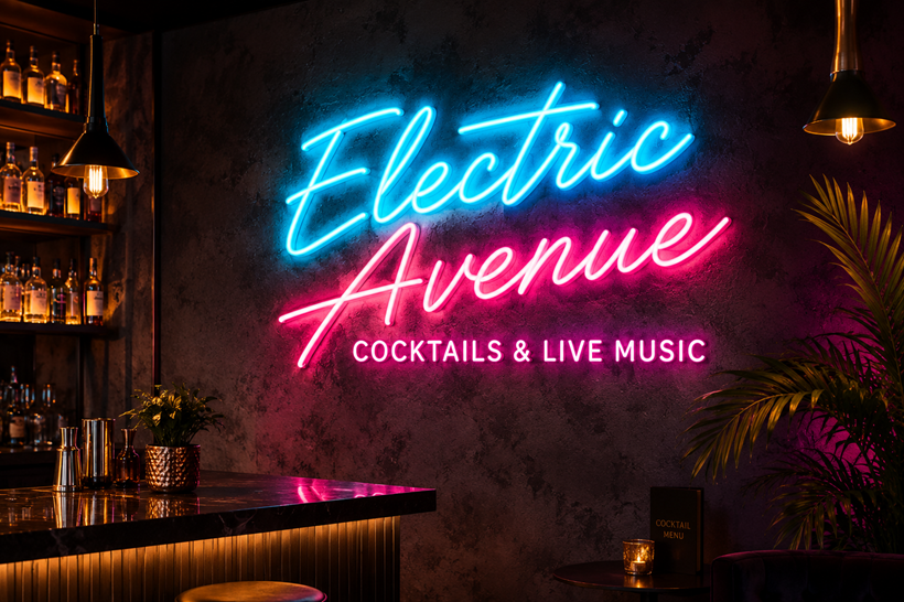 Neon sign reading "Electric Avenue Cocktails & Live Music" glows on a wall above a bar with bottles, a plant, and dim lighting.