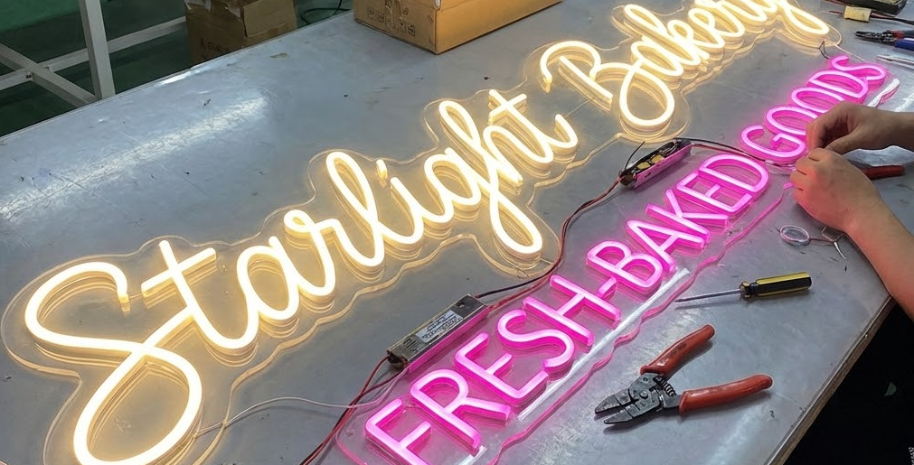 A technician assembles illuminated neon signs reading "Starlight Bakery" in yellow and "FRESH BAKED GOODS" in pink on a worktable with tools.
