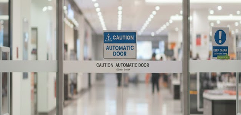 Glass automatic door with caution signs at the entrance of a brightly lit indoor space, with people and displays visible in the background.