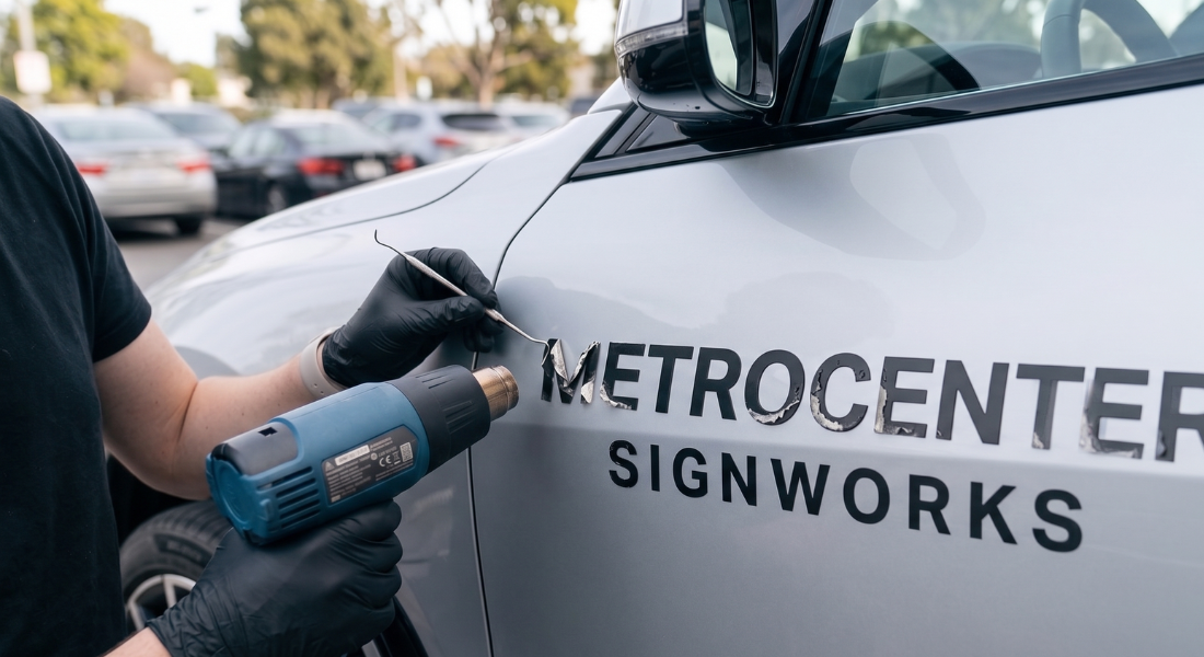 A person uses a heat gun and a tool to remove vinyl lettering from the side of a vehicle that reads "METROCENTER SIGNWORKS.