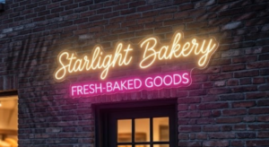 Neon sign on a brick wall reads "Starlight Bakery" in yellow and "FRESH-BAKED GOODS" in pink above a door.
