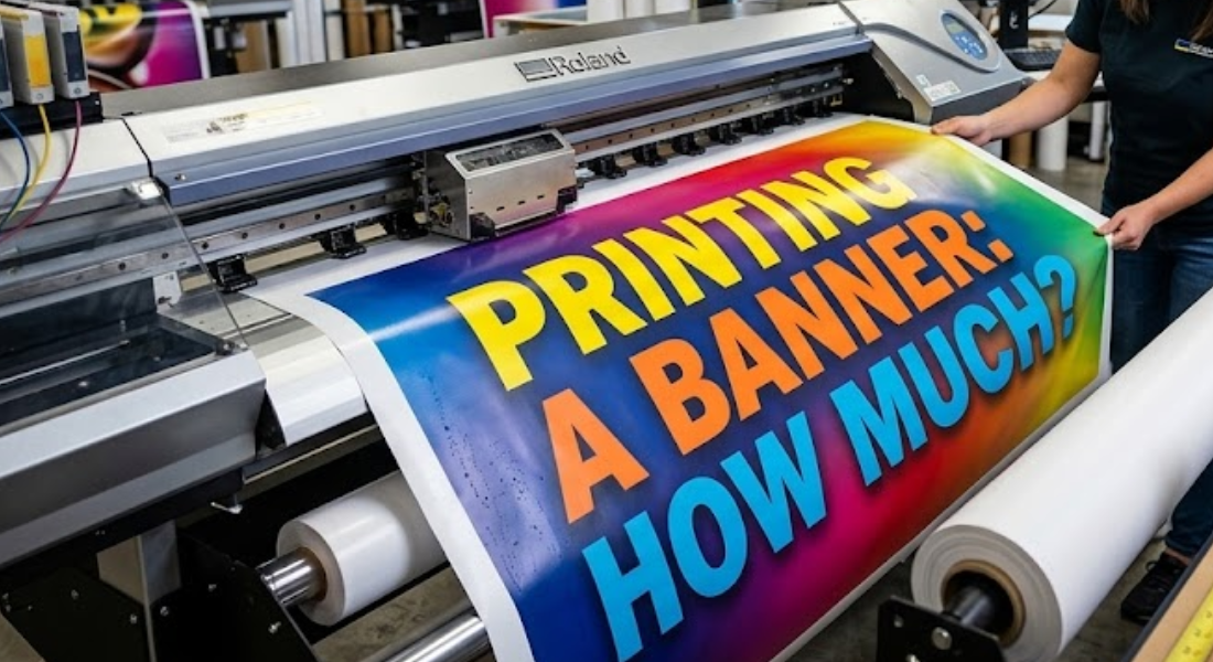 A person operates a large printer producing a colorful banner that reads, "PRINTING A BANNER: HOW MUCH?" in bold letters.