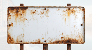 A rectangular metal sign with heavy rust and weathering, mounted on two posts, stands against a faded urban background. The surface is blank and shows no visible text or symbols.