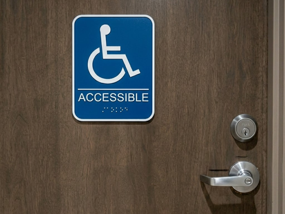 A wooden door with a blue accessible sign displaying a wheelchair symbol, the word "Accessible," and Braille text; metal door handle and lock are visible.