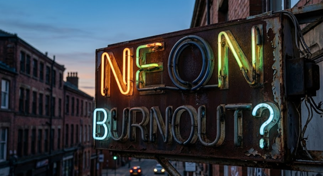 A rusty metal sign on a brick building displays the neon-lit words "NEON BURNOUT?" with some letters dimmer than others, against an urban street background at dusk.