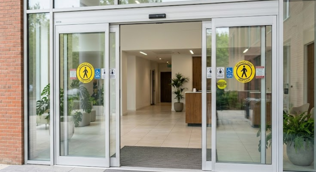 Automatic sliding glass doors open to a building entrance with caution signs, visible plants, and a reception desk inside.