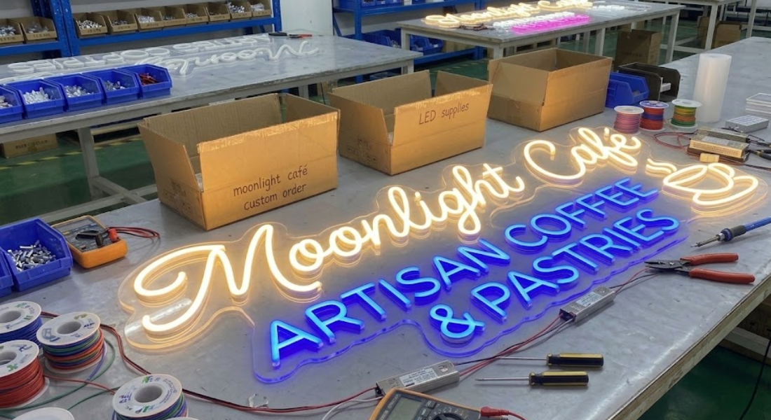 Neon sign reading “Moonlight Cafe ARTISAN COFFEE & PASTRIES” on a worktable, surrounded by tools, wires, and cardboard boxes labeled “LED supplies” and “moonlight café custom order.”.